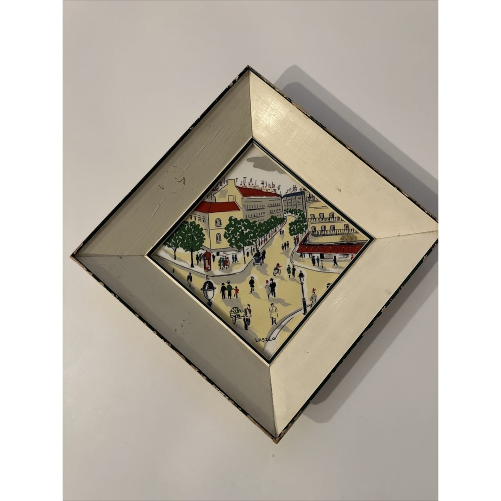 Mid-20th Century Vintage Italian Tile Painting Signed Laszlo Framed 9"x9" Glass